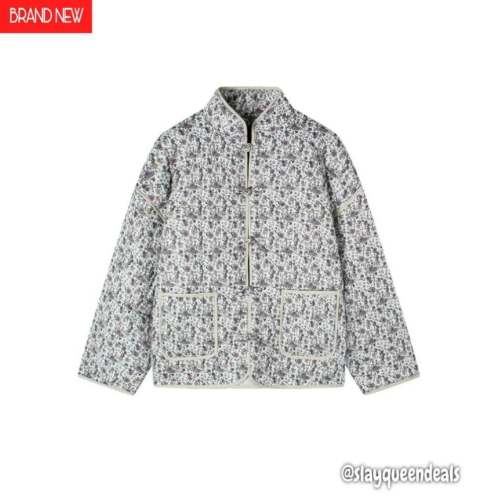 Quilted Puffer Jacket Lightweight Cropped Button Down with Pockets - Picture 1 of 7